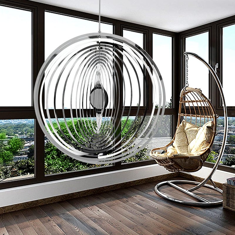 Marspeeder Hanging Wind Spinner Outdoor Metal Decorations, Silver Wind Spinners for Yard and Garden,3D Mirror Stainless Steel Wind Sculptur Chime Indoor Outdoor Garden Decoration Worth Gift （Round） - Image 3
